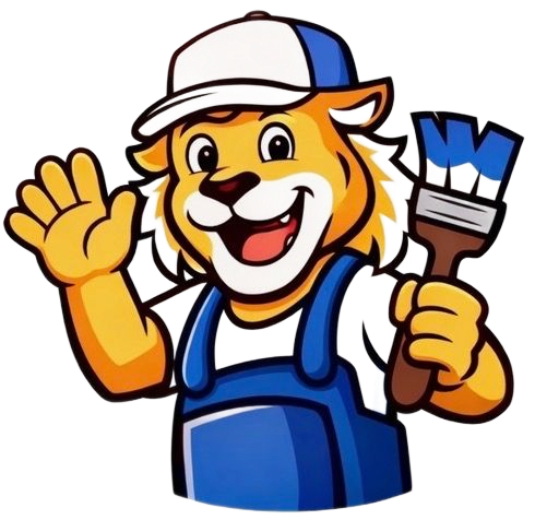 Logo for DIO Painting LLC: cartoon lion painter holding a brush, wearing blue overalls and cap.