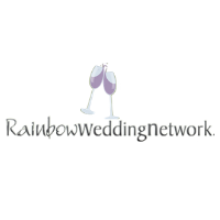 A logo for RainbowWeddingNetwork featuring two clinking light-purple champagne glasses above the black text.