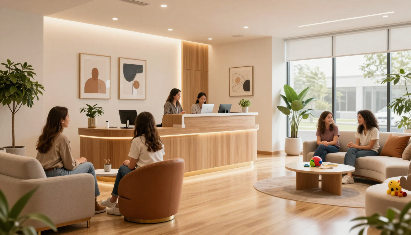 A welcoming, modern dental office lobby at Hazel Path Dental.
