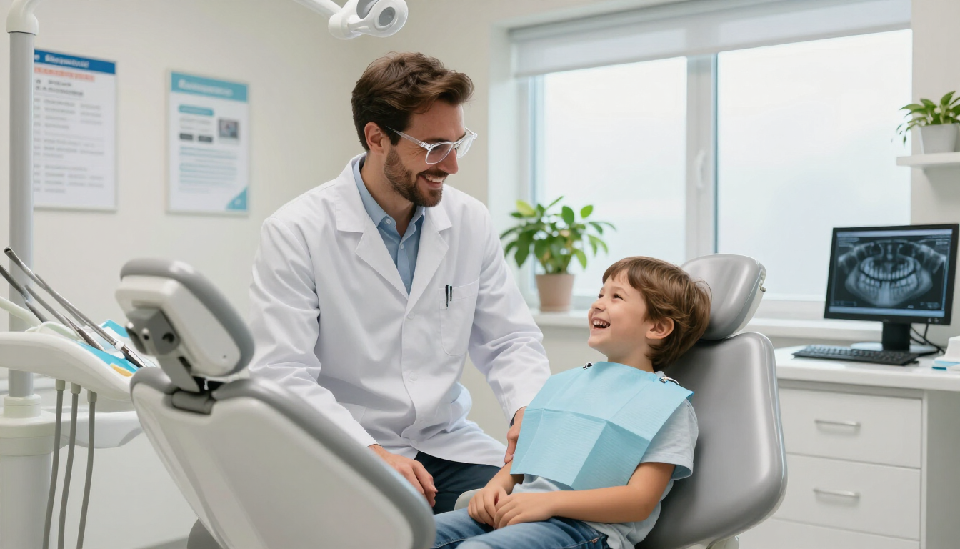 A friendly dentist chatting with a young patient