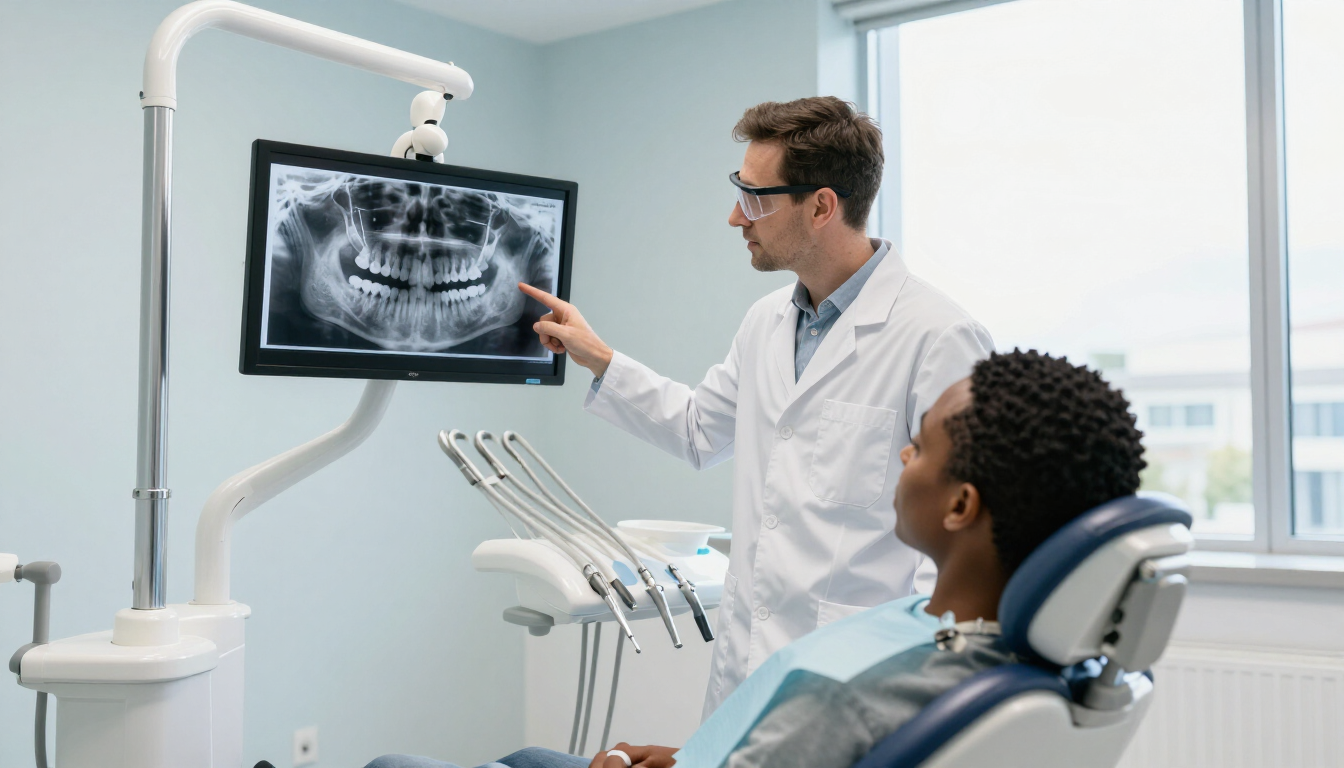 A dentist explaining a procedure to a patient in a modern room