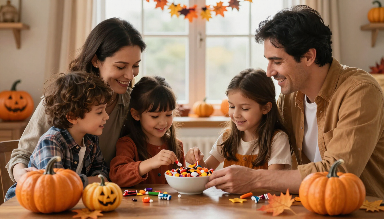 Family enjoying fall decorations and Halloween candy