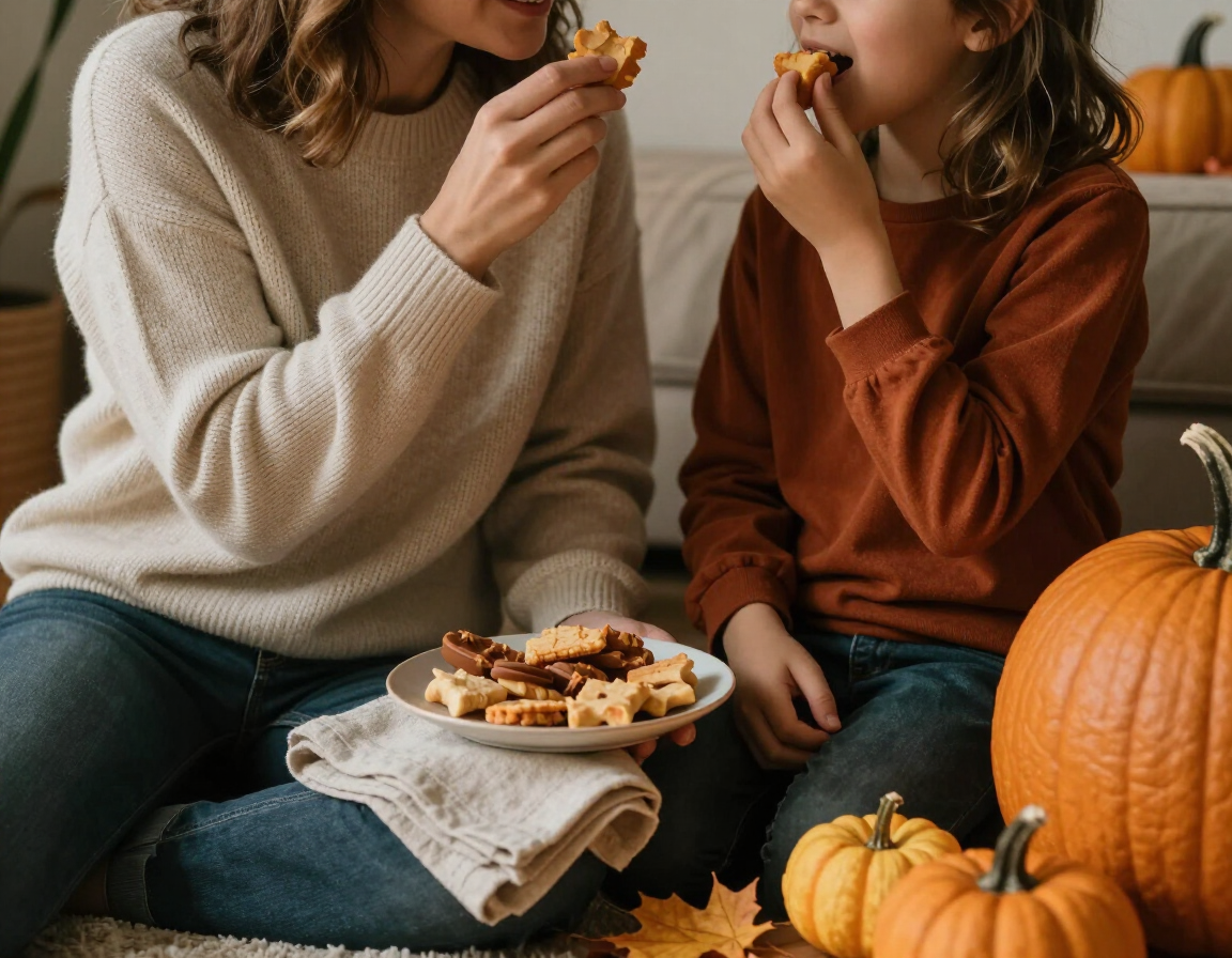 Parent and child sharing a cozy fall snack near pumpkins