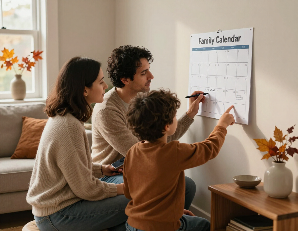 Photorealistic family checking a shared calendar at home while planning dental appointments in fall