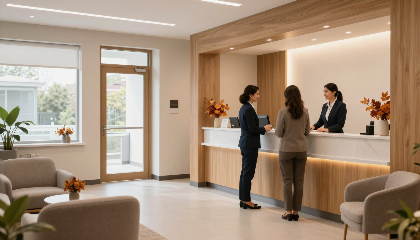 Photorealistic welcoming family dental office reception with a friendly front desk team