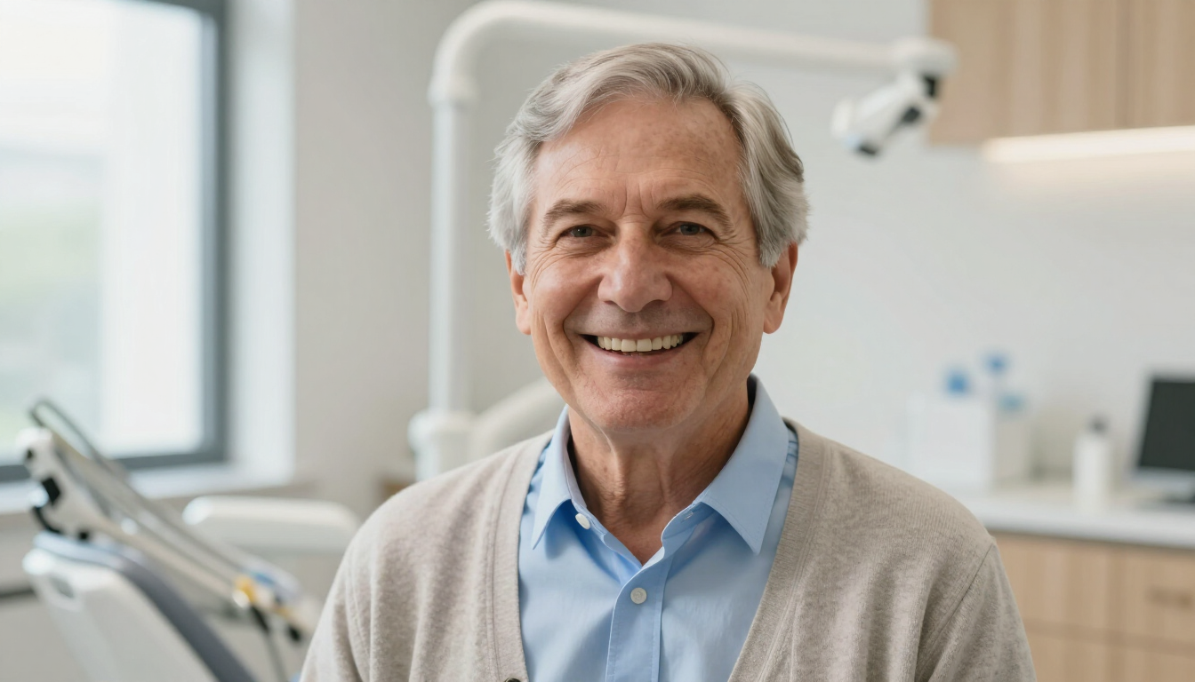 Smiling older adult learning how to care for a partial denture in a bright dental office