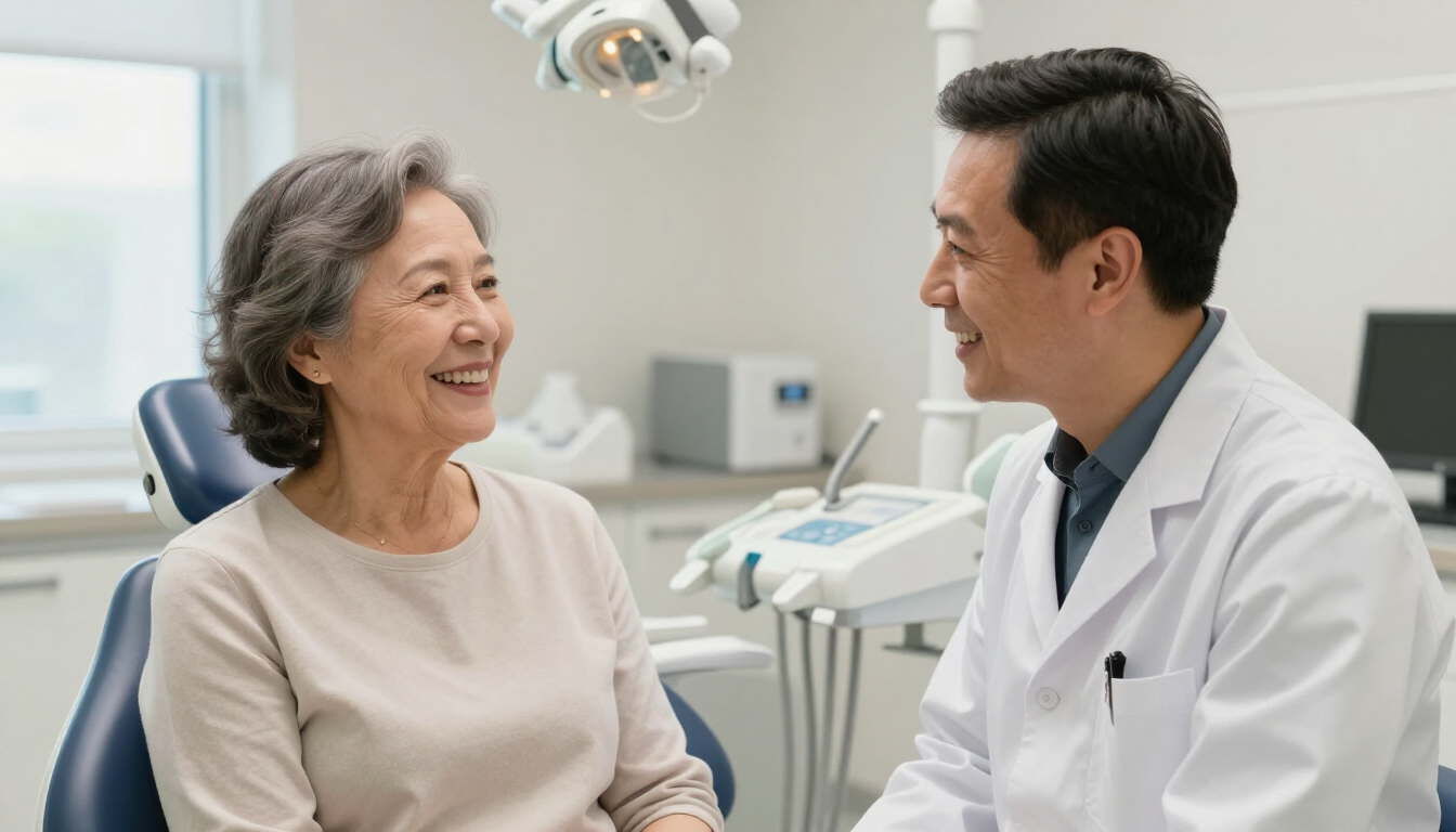 Smiling older adult speaking with a dentist in a bright, comfortable dental office