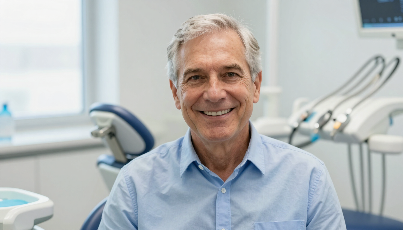 Smiling older adult learning how to care for a partial denture in a bright dental office