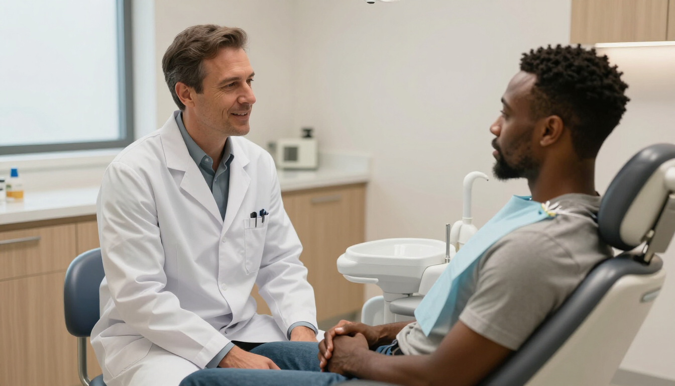 Adult patient having a relaxed conversation with a dentist