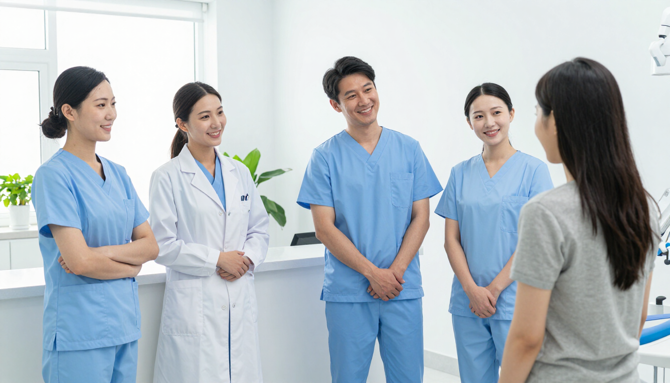 Welcoming dental team greeting an adult patient in a bright office