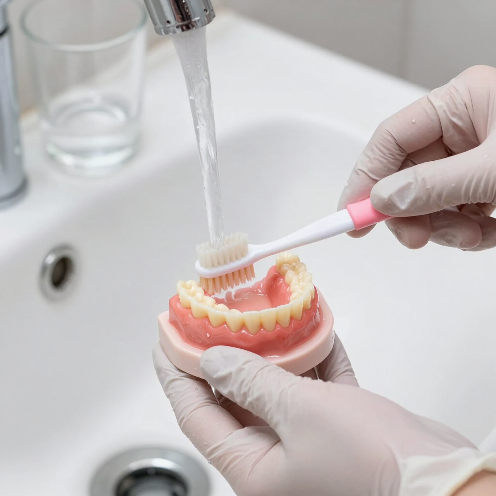 Smiling older adult gently cleaning a partial denture at a bright bathroom sink