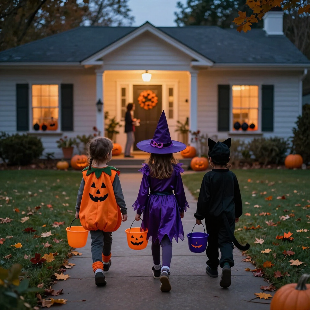 Family enjoying fall decorations and Halloween candy