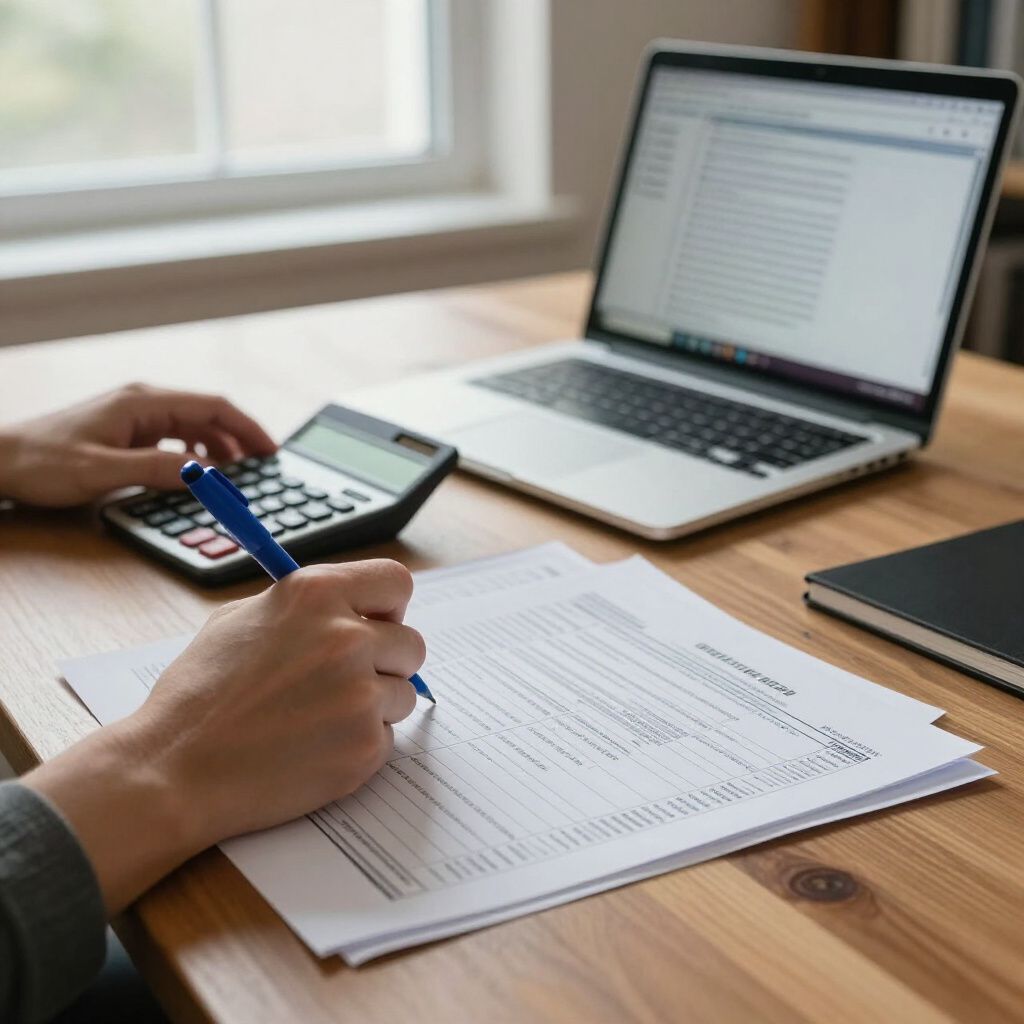 Person calculating taxes at desk with laptop, calculator, paperwork, and notebook.