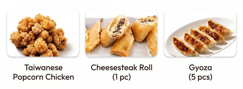 Taisawan popcorning chicken, cheese stick roll, and gyoza snack items on a white background