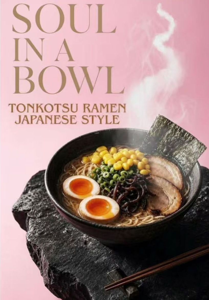 Tonkotsu ramen bowl with soft-boiled eggs, corn, and steam on a pink background, titled “Soul in a Bowl”