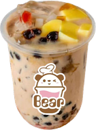 Iced fruit tea in a clear cup with a Bear logo and visible fruit pieces on top