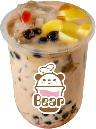 Iced fruit tea in a clear cup with a Bear logo and visible fruit pieces on top