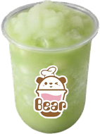 Green slushy in a clear cup with a cute bear logo sticker