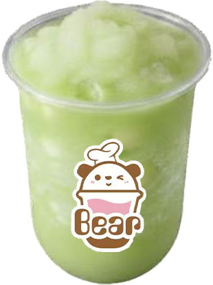 Green slushy in a clear cup with a cute bear logo sticker