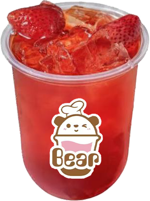 Red strawberry drink with ice and sliced strawberries in a clear cup labeled “Bear”