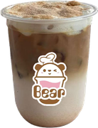 Iced coffee in a clear plastic cup with a Bear logo and foam on top