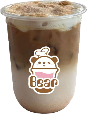 Iced coffee in a clear plastic cup with a Bear logo and foam on top