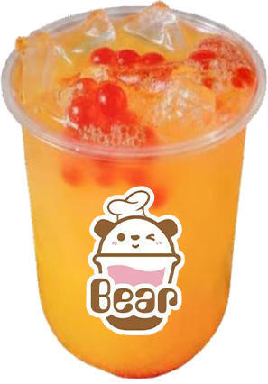 Orange iced drink in a clear plastic cup with red jelly and a Bear logo on the front