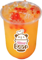 Orange iced drink in a clear plastic cup with red jelly and a Bear logo on the front