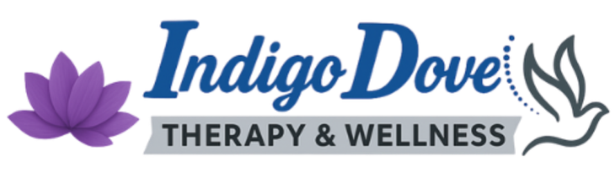 Logo for Indigo Dove Therapy & Wellness: blue, purple gradient text with dove graphic.