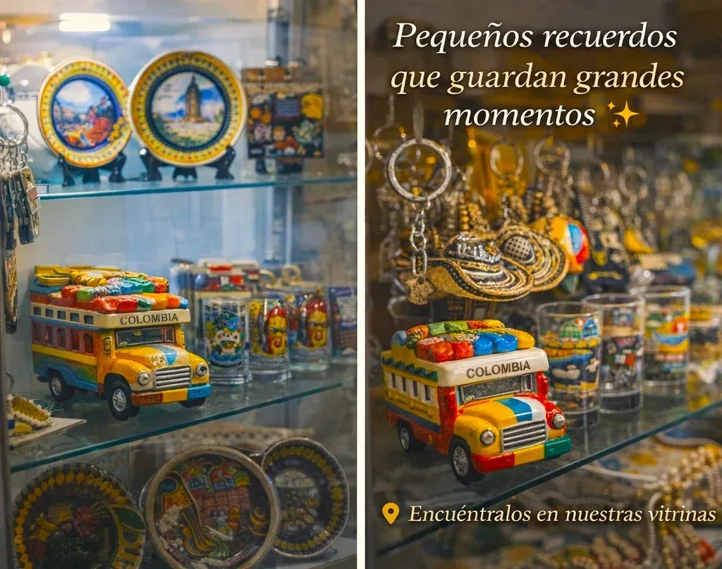 Souvenir display of colorful magnets, plates, and buses in a shop window with Spanish text overlay.