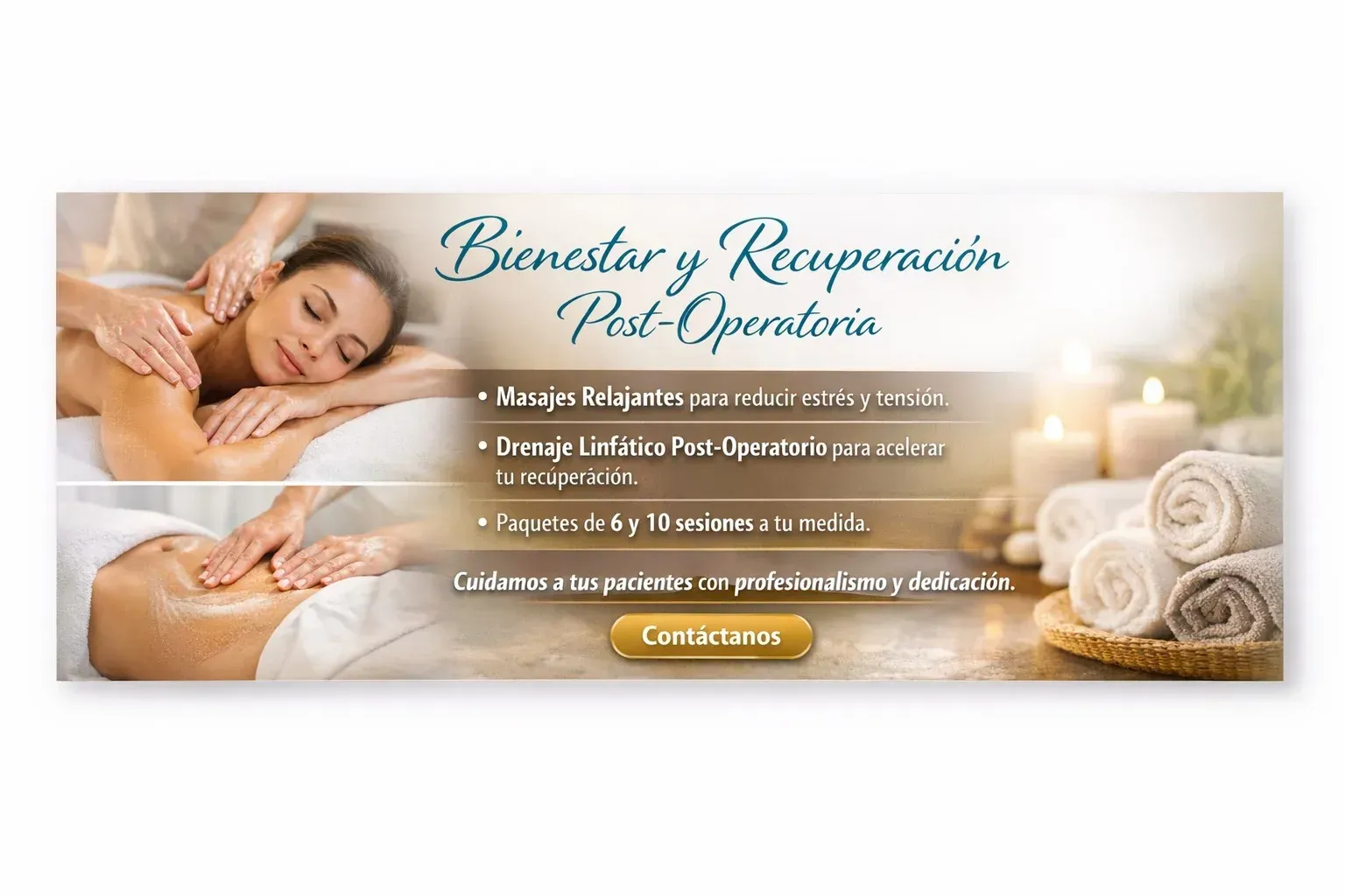 Promotional banner for wellness and spa featuring a relaxing massage, white towels, and a warm atmosphere in beige tones