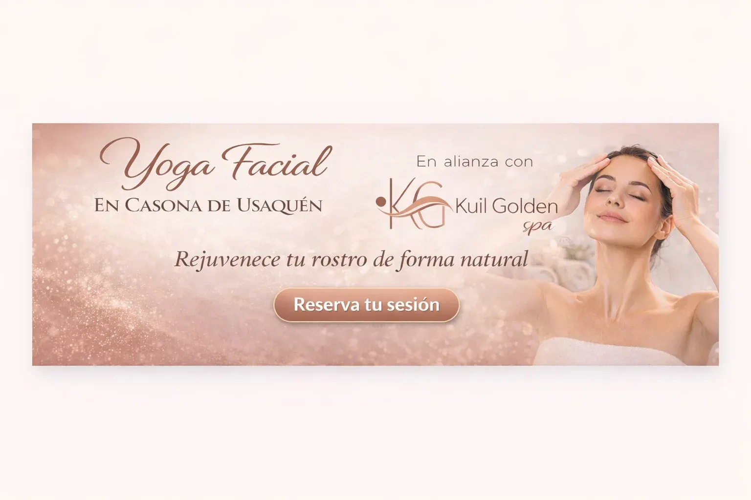 Facial yoga banner in pink tones with a smiling woman and a 
