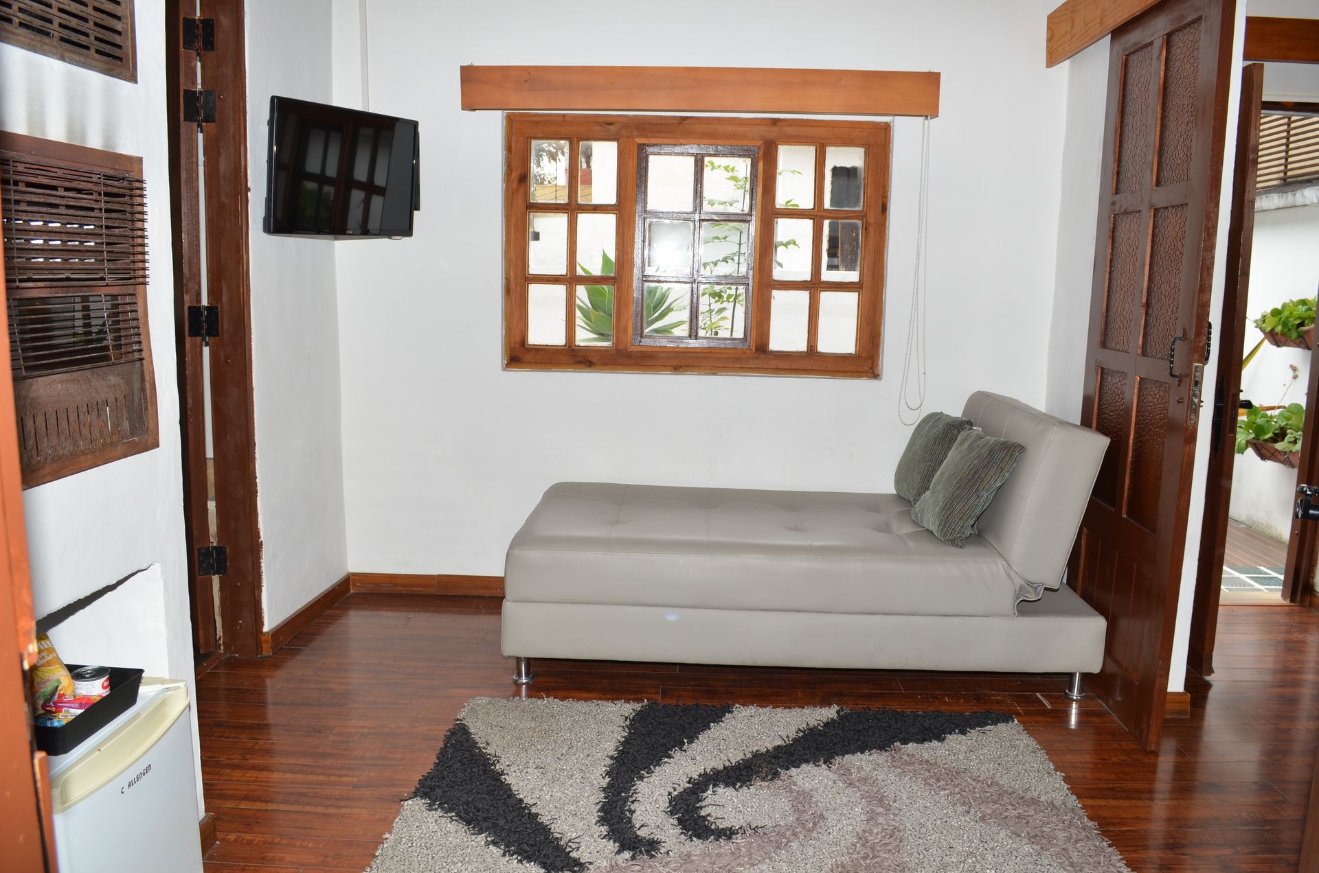 Cozy room with a window, sofa, small TV, and area rug. Wooden door and floor.
