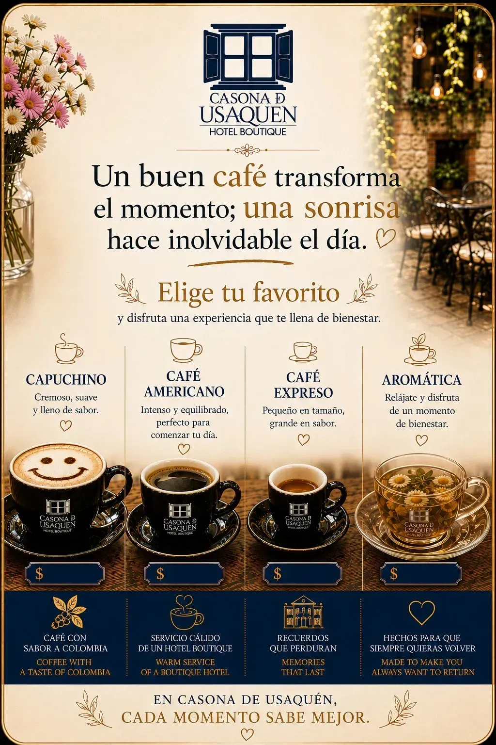 Promoción  del café de hotel Casona de Usaue café de lujo con cuatro tazas decoradas y cucharas doradas, póster promocional español en color crema y dorado.