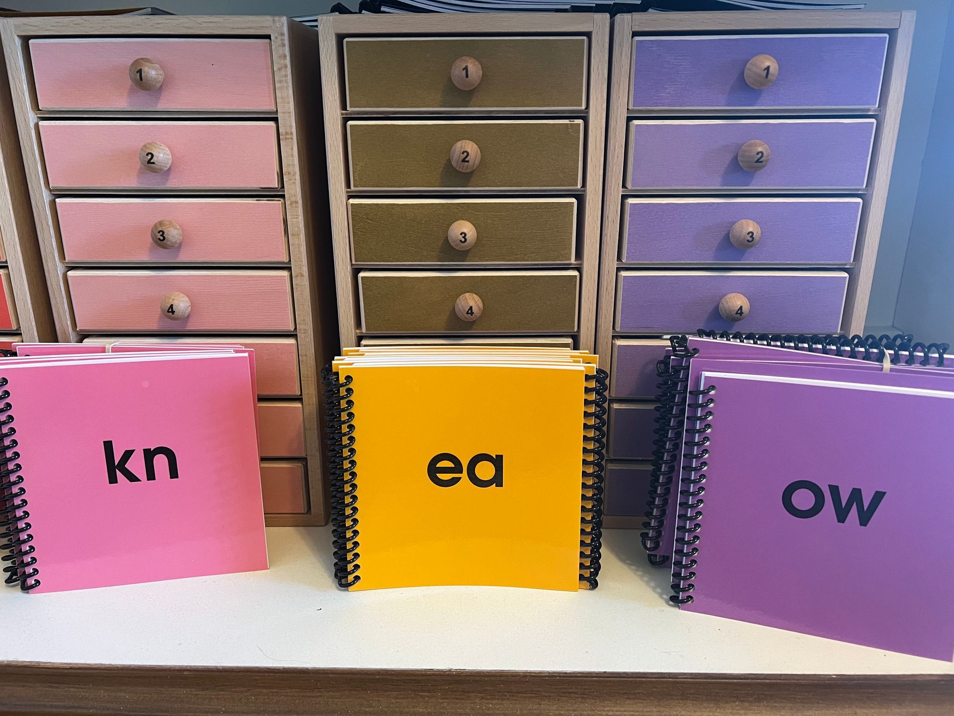 Activity drawers with booklets in the foreground