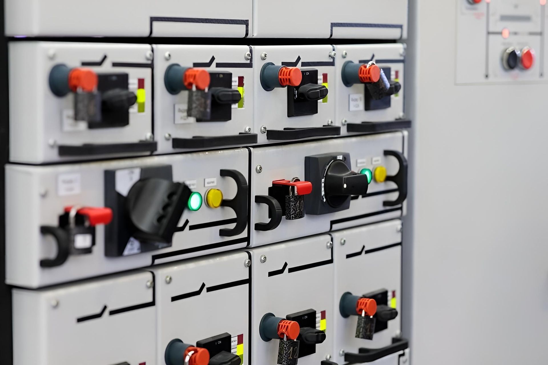A Close Up of a Row of Electrical Switches on a Wall — Power & Data Support Services In Normanton, QLD