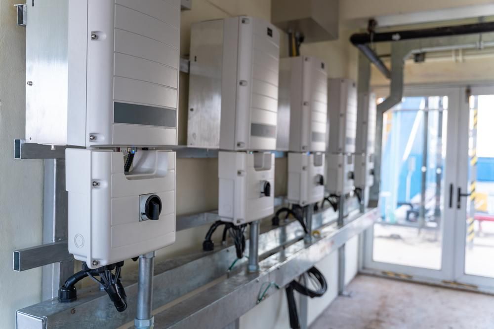 A Row of Solar Panels Are Lined Up on a Wall in a Room — Power & Data Support Services In Atherton, QLD