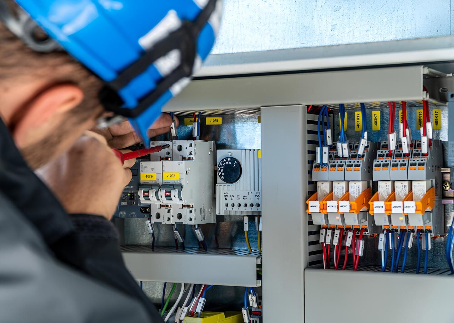 A Man is Working on an Electrical Box With a Screwdriver — Power & Data Support Services In Manunda, QLD