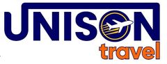 A logo for unison travel with an airplane on it