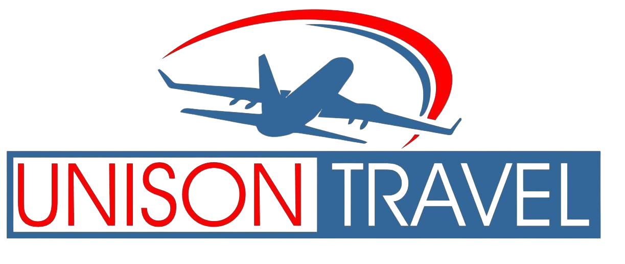 A logo for unison travel with an airplane on it