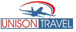 A logo for unison travel with an airplane on it