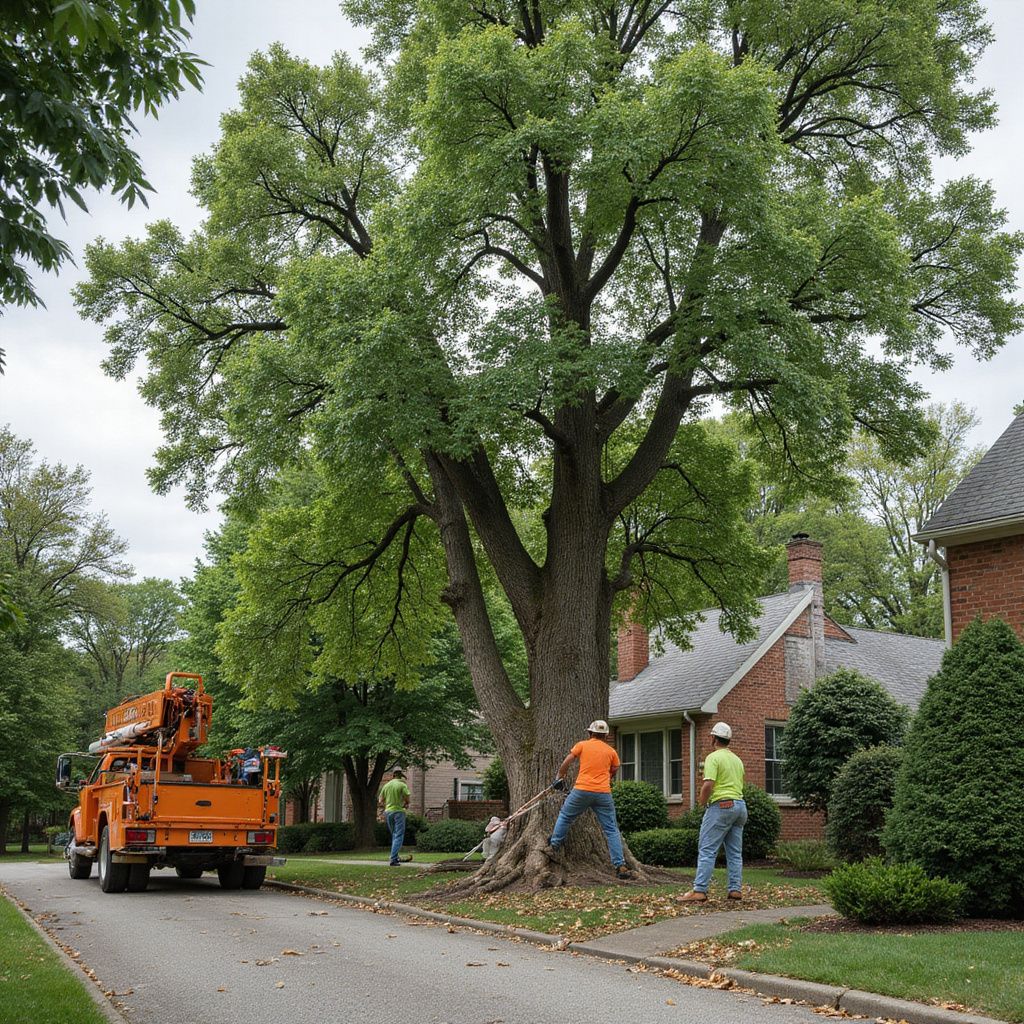 Tree trimmers at work, using a lift truck, trimming a large tree in front of a house on a residential street.