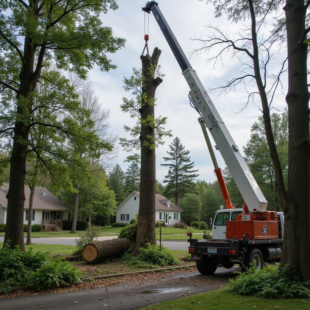 Crane removing a tall tree in a residential area, log on ground.