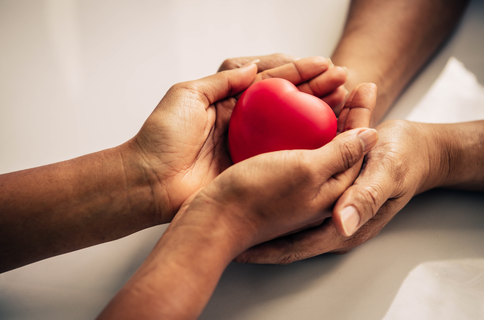 Two people are holding a red heart in their hands.