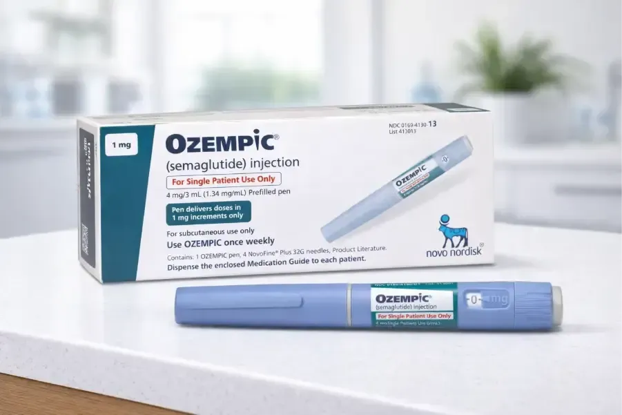 Ozempic semaglutide injection box and pen on a white surface with a blurred background of a kitchen.