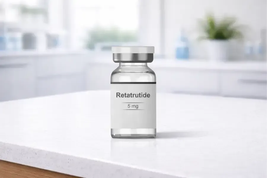 Retatrutide 5mg on a white table.