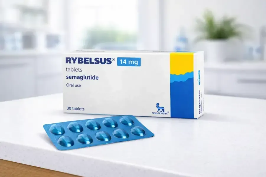 Box of Rybelsus 14 mg tablets and a blister pack on a white surface. Blue and white box.