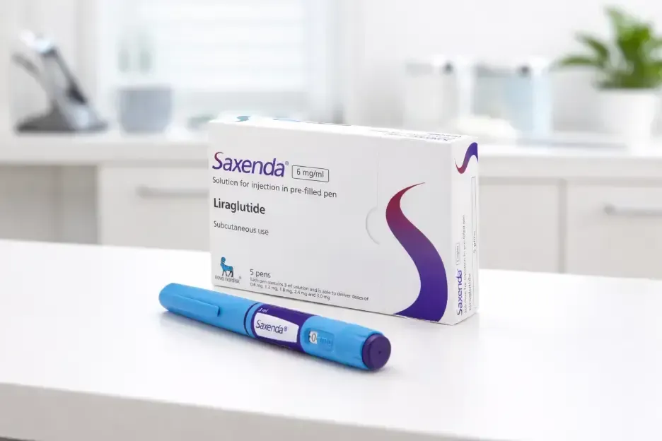 Saxenda medication pen and box on a white table. Blue pen, white box with purple accents, blurred kitchen background.