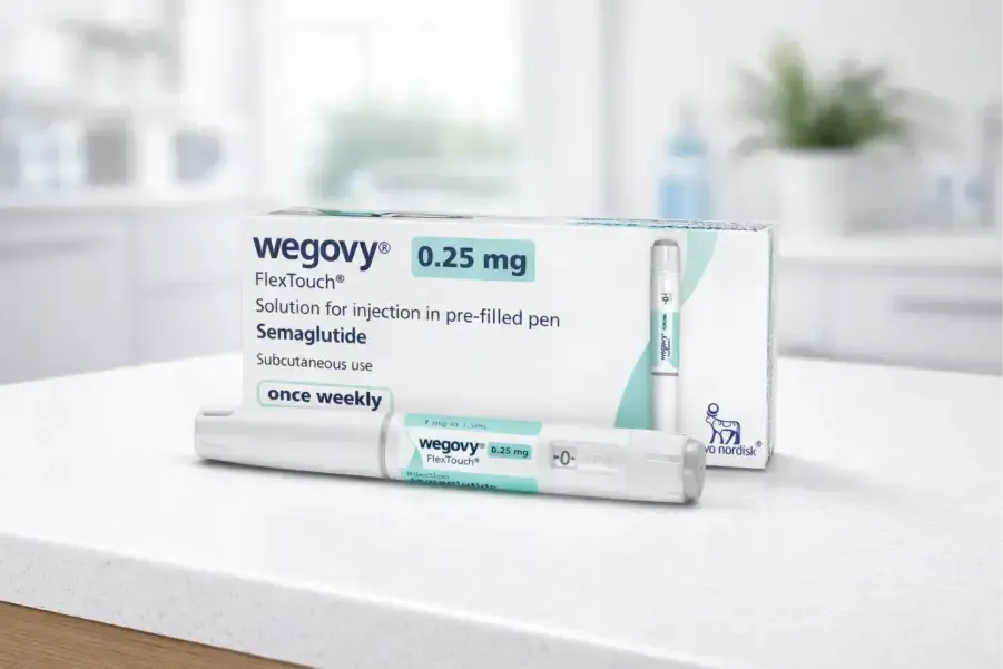 Wegovy 0.25 mg pre-filled injection pen and box on a table. White and teal box and pen.