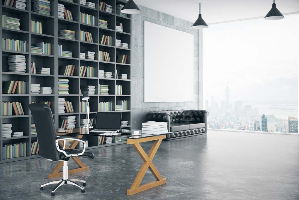A Modern Office With A Large Bookshelf — Shop Fittings Office Furniture Materials Handling In Eastern Creek, NSW